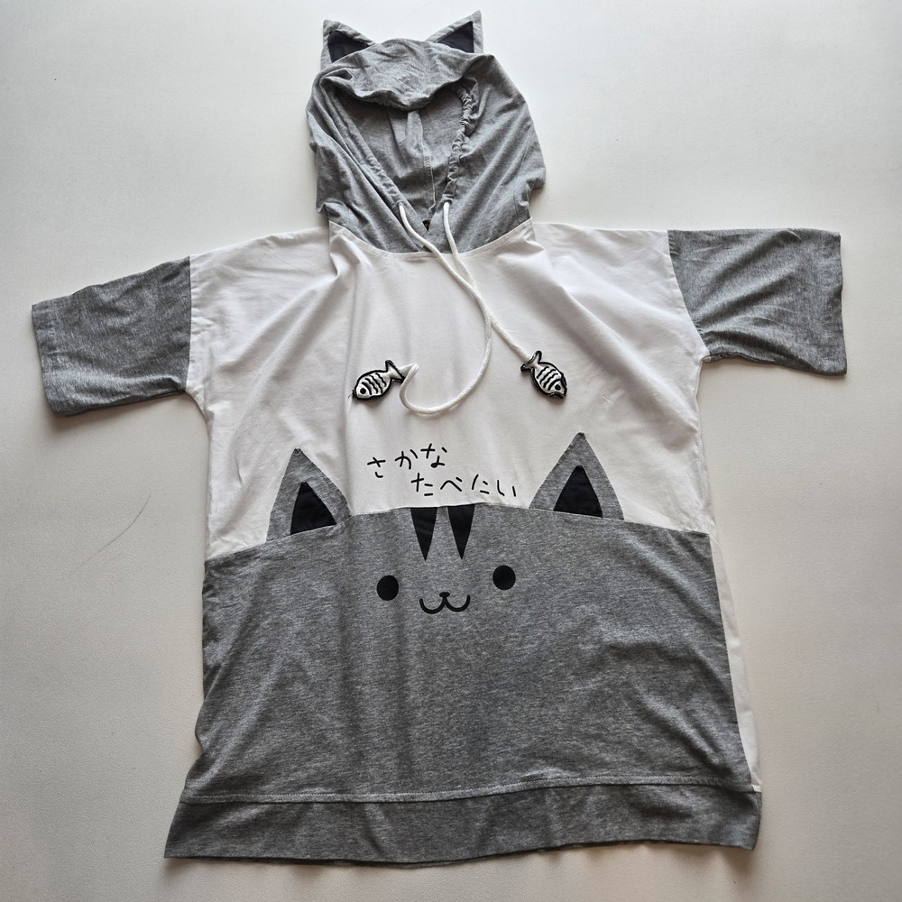 YunPeng‎ Cat Hoodie Kawaii Japanese Graphic Short Sleeve Top Womens L